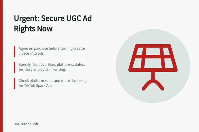 Urgent: Secure UGC Ad Rights Now: Agree on paid use before turning creator videos into ads.; Specify file, advertiser, platforms, dates, territory and edits in writing.; Check platform rules and music licensing for TikTok Spark Ads. Agreeing on paid advertising rights for UGC