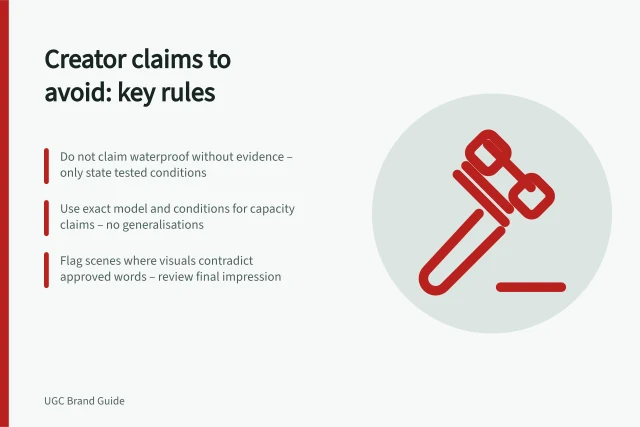 Creator claims to avoid: key rules: Do not claim waterproof without evidence – only state tested conditions; Use exact model and conditions for capacity claims – no generalisations; Flag scenes where visuals contradict approved words – review final impression. Briefing a creator on claims they must not make