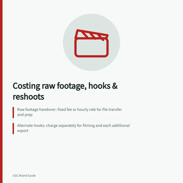 Costing raw footage, hooks & reshoots: Raw footage handover: fixed fee or hourly rate for file transfer and prep; Alternate hooks: charge separately for filming and each additional export; Reshoots: approve price breakdown before filming; include editing, exports and location costs. Costing raw footage, alternate hooks and reshoots