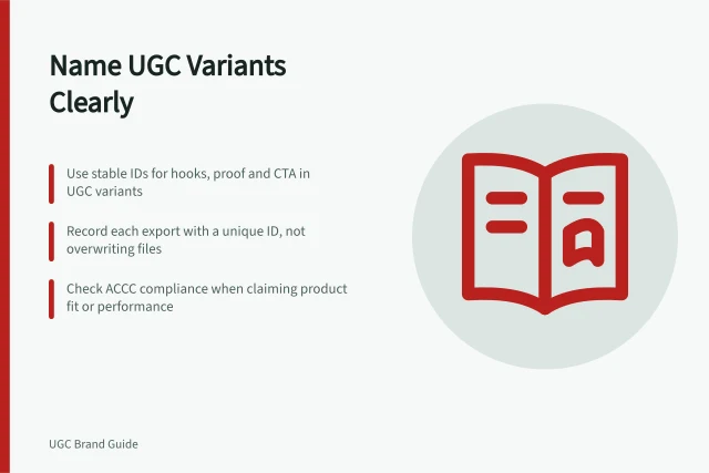 Name UGC Variants Clearly: Use stable IDs for hooks, proof and CTA in UGC variants; Record each export with a unique ID, not overwriting files; Check ACCC compliance when claiming product fit or performance. Naming UGC variants by hook, proof and call to action