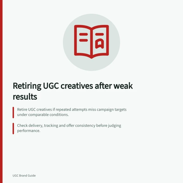 Retiring UGC creatives after weak results: Retire UGC creatives if repeated attempts miss campaign targets under comparable conditions.; Check delivery, tracking and offer consistency before judging performance.; Record retirement with variant ID, decision rule and status: retired from named use. Retiring UGC creatives after repeated weak results