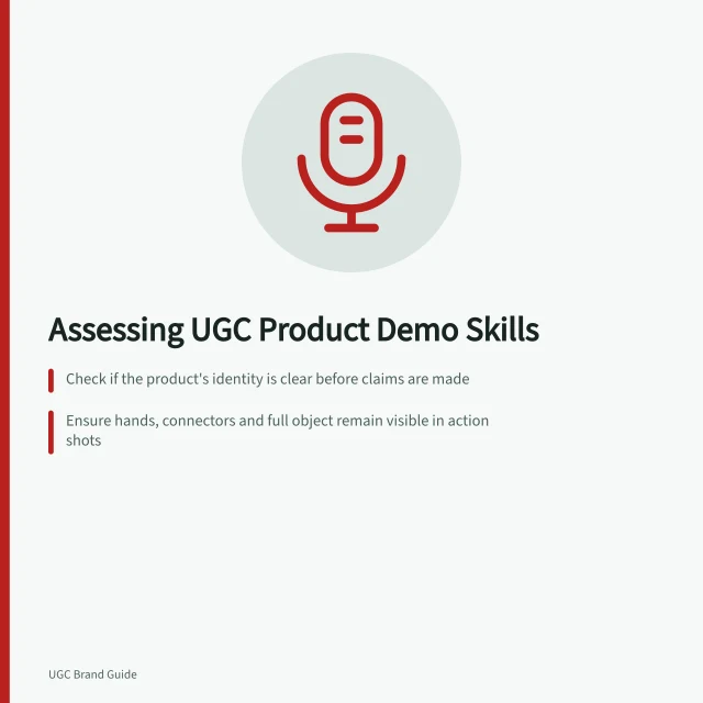 Assessing UGC Product Demo Skills: Check if the product's identity is clear before claims are made; Ensure hands, connectors and full object remain visible in action shots; Verify captions match narration and don’t overstate visual evidence. Reviewing a UGC portfolio for product demonstration skills