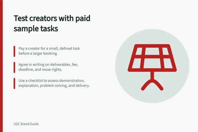 Test creators with paid sample tasks: Pay a creator for a small, defined task before a larger booking.; Agree in writing on deliverables, fee, deadline, and reuse rights.; Use a checklist to assess demonstration, explanation, problem solving, and delivery. Running a paid sample assignment before a larger booking