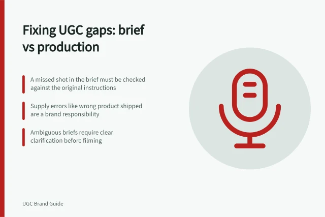 Fixing UGC gaps: brief vs production: A missed shot in the brief must be checked against the original instructions; Supply errors like wrong product shipped are a brand responsibility; Ambiguous briefs require clear clarification before filming. Separating a brief error from a creator production error