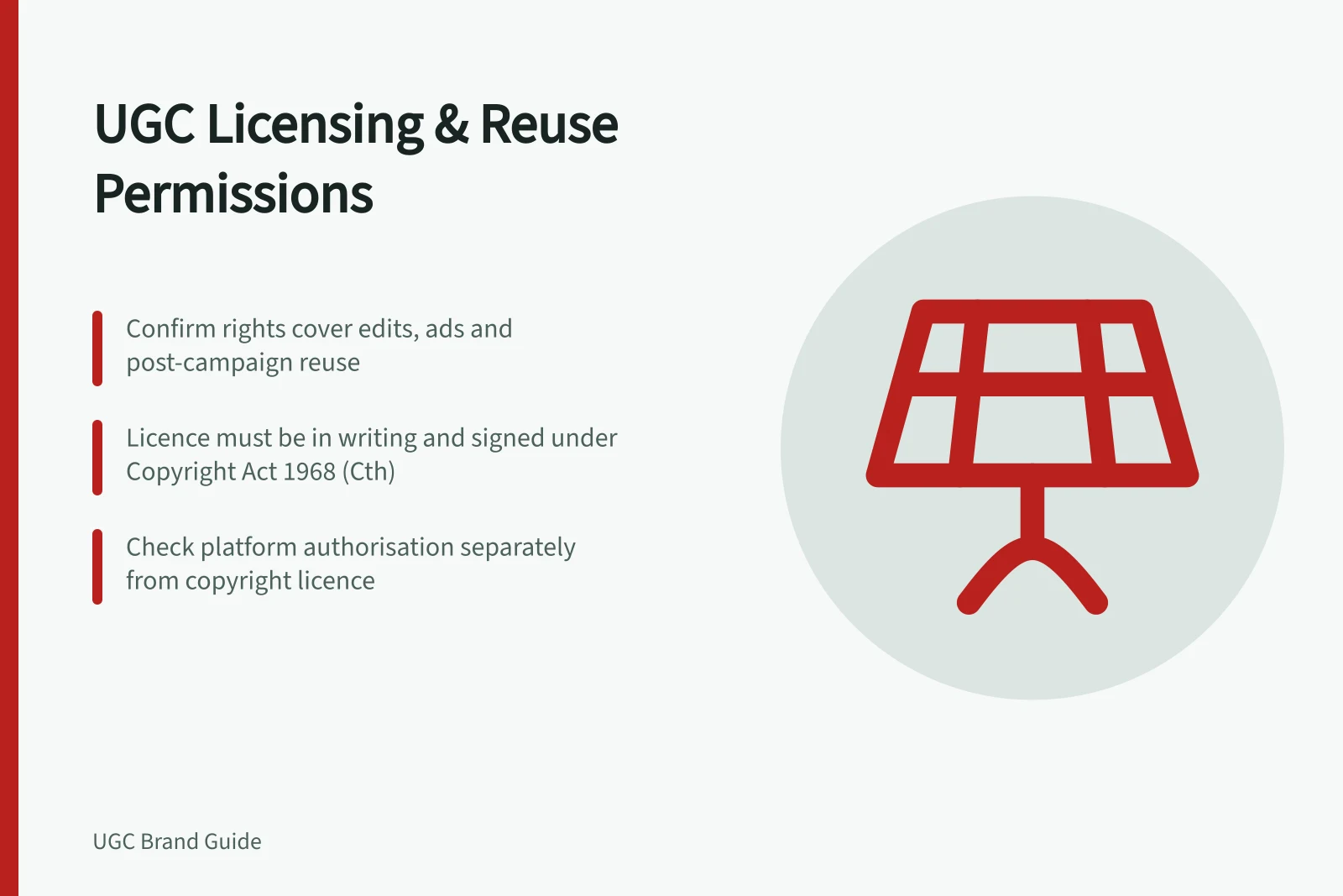 UGC Licensing & Reuse Permissions: Confirm rights cover edits, ads and post-campaign reuse; Licence must be in writing and signed under Copyright Act 1968 (Cth); Check platform authorisation separately from copyright licence