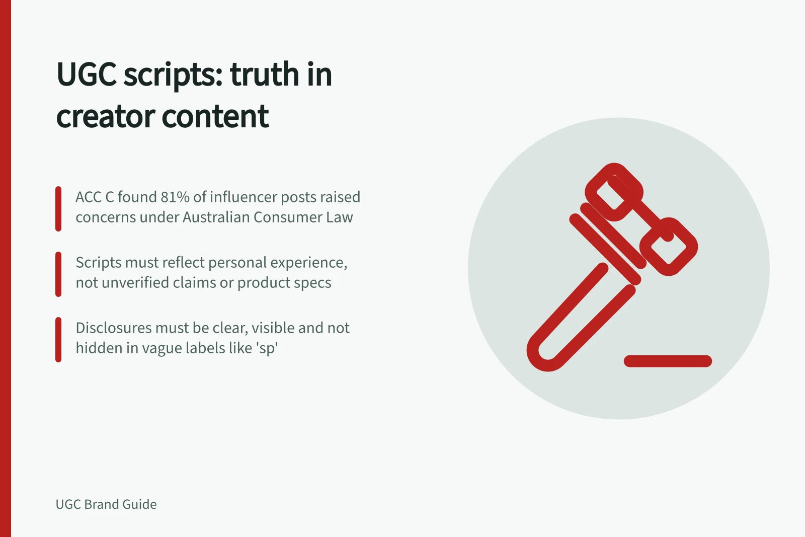 UGC scripts: truth in creator content: ACC C found 81% of influencer posts raised concerns under Australian Consumer Law; Scripts must reflect personal experience, not unverified claims or product specs; Disclosures must be clear, visible and not hidden in vague labels like 'sp'